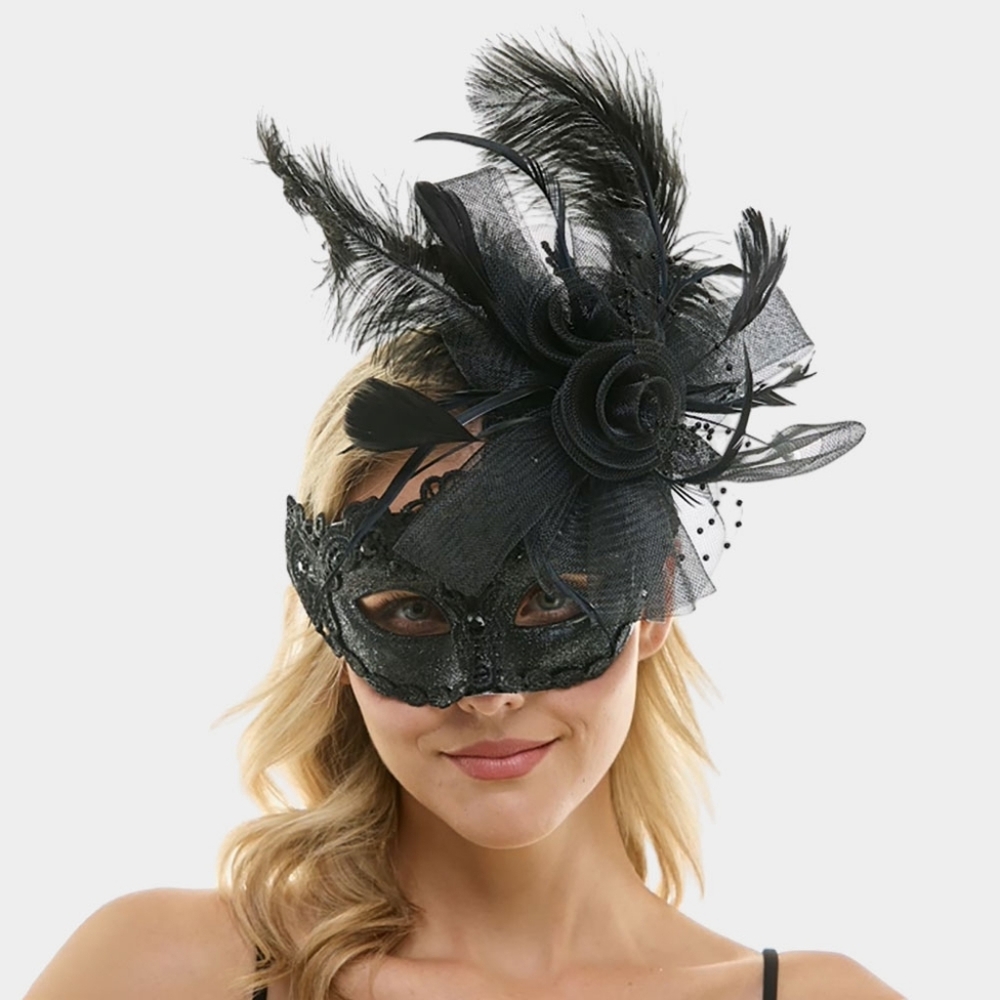 Black Feather Lace Burlesque Half Face Mask Masquerade Headpiece Gothic EyeMask
